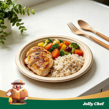 JOLLY CHEF Compostable Heavy Duty Plates 𝟭𝟬 𝗜𝗻𝗰𝗵 [𝟯𝟬𝟬 𝗣𝗮𝗰𝗸] Eco-Friendly Disposable Paper Plates Made of Bagasse Biodegradable Bulk for Party Dinner Sugarcane Thanksgiving Day (Natural)
