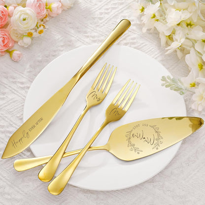 Wedding Cake Knife and Server Set, 4 Pack Stainless Steel Cake Cutting Knife, Slicer and Forks Server for Wedding, Anniversary, Birthday(Silvery)