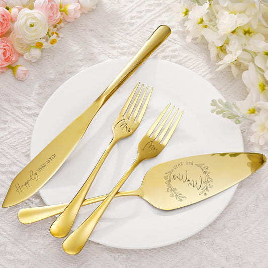 Wedding Cake Knife and Server Set, 4 Pack Stainless Steel Cake Cutting Knife, Slicer and Forks Server for Wedding, Anniversary, Birthday(Silvery)