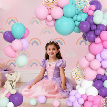 Amandir 153pcs Purple Blue Pink Balloon Garland Arch Kit, Different Sizes 18 12 10 5 inch Teal Yellow Latex Metallic Confetti Balloons for Magic Birthday Engagement Party Decoration