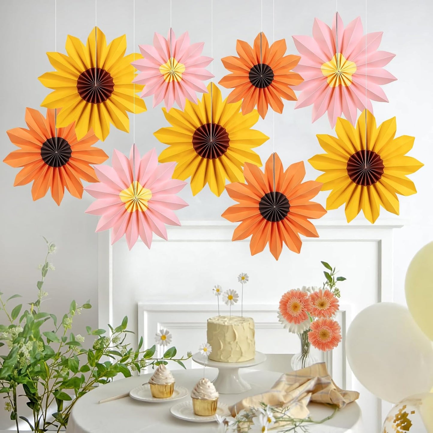 PAPER JAZZ Paper Flowers with Paper Fan Boho Hanging Decor Artificial Flowers Decorations for Wall Pink and Orange Party Decorations for Classroom, Beach Party, Summer Birthday Party Pack of 11.