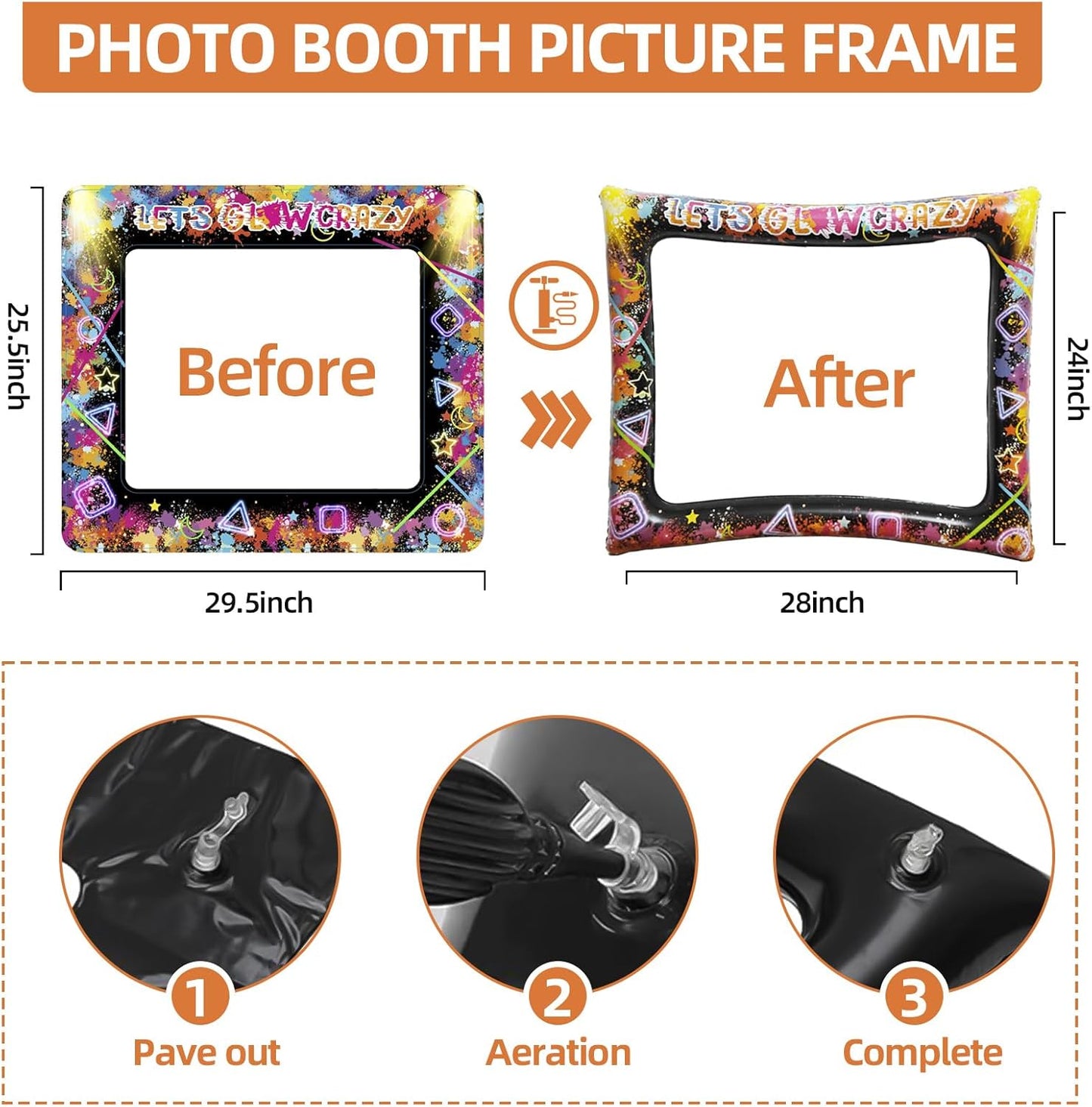 25pcs Neon Glow Party Photo Booth Props with Let's Glow Inflatable Selfie Photo Booth Frame - Funny Neon Selfie Props for Dark Black Light Birthday Party Decoration Supplies