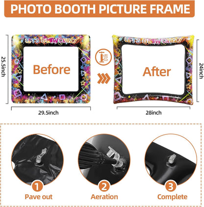 25pcs Neon Glow Party Photo Booth Props with Let's Glow Inflatable Selfie Photo Booth Frame - Funny Neon Selfie Props for Dark Black Light Birthday Party Decoration Supplies