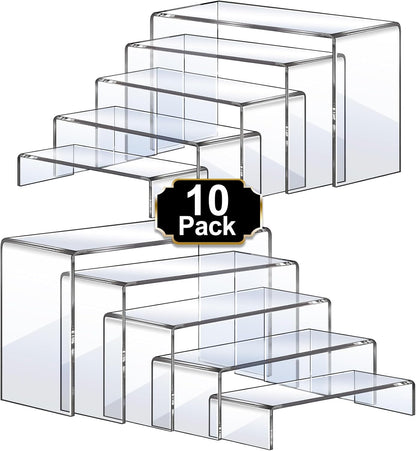 Aheroi Large Acrylic Risers, 10 Pcs 2 Set(7”L~8”L~9”L) Riser Display Shelf, Clear Rectangular Display Stands Set, Transparent Shelves for Decor, Showcase Holder for Cupcake