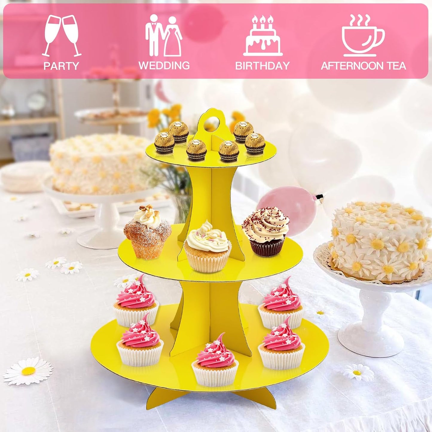 Soleebee 3-Tier Round Cupcake Stand, Cardboard Cupcake Tower, Dessert Cup Cake Stand Tower for Birthday Wedding Party Decoration, Cupcake Tier Stand 1 Set (Hot Pink)