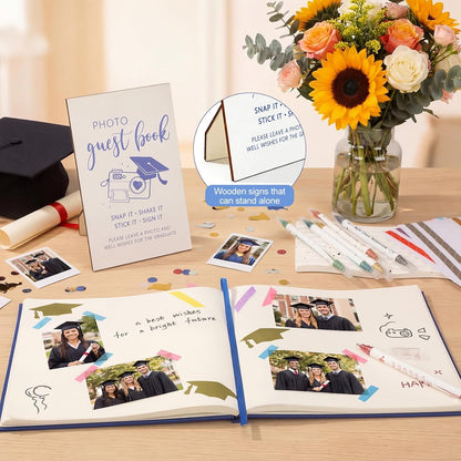 Pajean Graduation Guest Book Set Class of 2026 Memory Scrapbook with Photo Guest Book Sign Dual Tip Pens Photo Corner Stickers Grad Cap Stickers for Grad Party Decorations Supplies Gifts (Black)