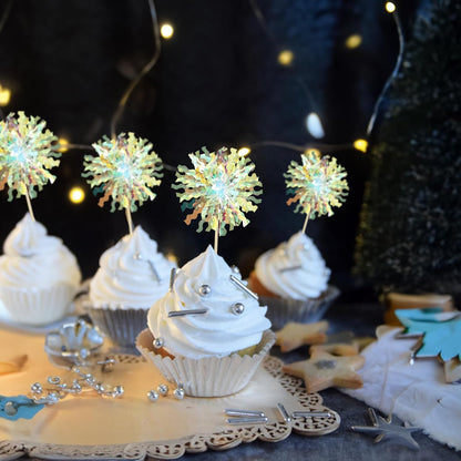Ephlyn 30Pcs Foil Firework Cupcake Toppers Sparkle Tinsel Cupcake Picks Drink Stirrers Cocktail Food Fruit Toothpicks for Baby Shower Graduation Party Supplies White