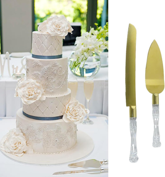 Tytroy Elegant & Classic Stainless Steel Wedding Birthday Cake (or Pie Pastry) Serving Set of 13in Serrated Knife and 11in Server both with Beautiful 4in Faux Crystal Handles (Gold-Color 1 Set)