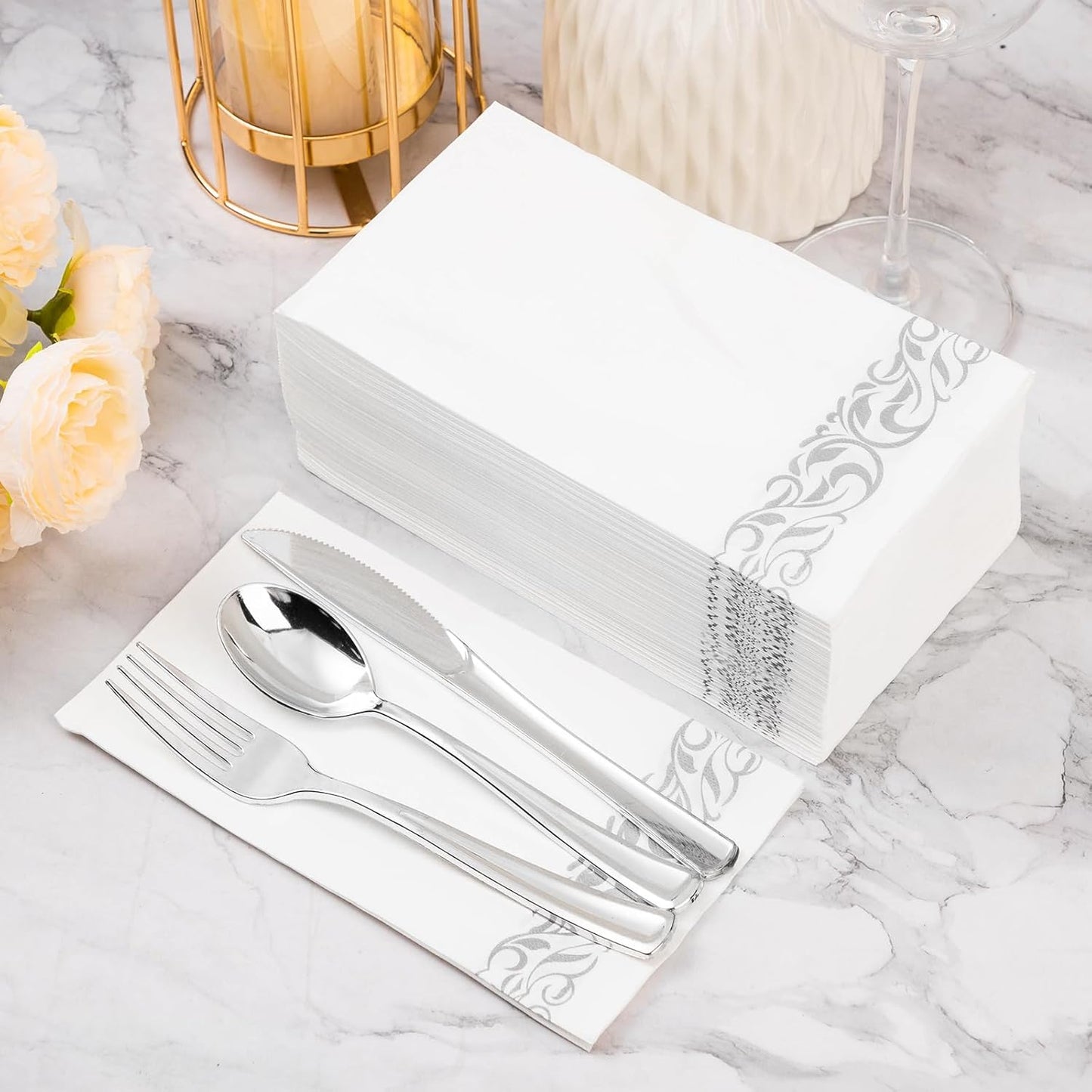 BESTVIP 200 Pack Disposable Paper Napkins, 3-Ply Dinner Napkins with Gold Trim for Guests, Bathroom Paper Hand Towels Soft and Absorbent, Perfect for Kitchen, Dinner, Party, Wedding or Event