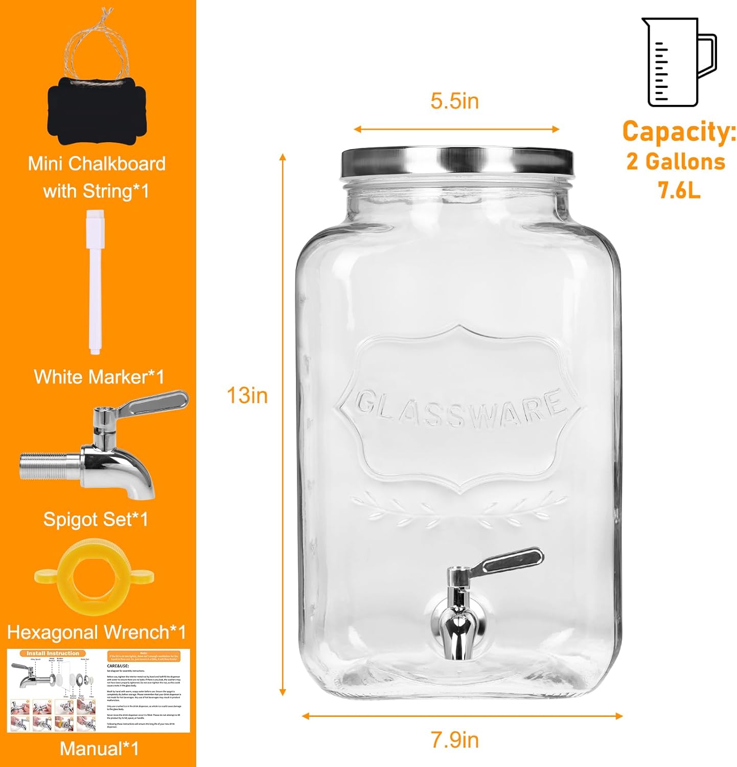 Bululuo Glass Drinks Dispenser for Parties, 2 PACK 1 Gallon Beverage Dispenser with Stand for Juice and Iced Tea, Water Jug Dispenser for Lemonade, Party Essential Beverage Pitcher with Spout