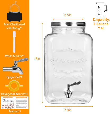 Bululuo Glass Drinks Dispenser for Parties, 2 PACK 1 Gallon Beverage Dispenser with Stand for Juice and Iced Tea, Water Jug Dispenser for Lemonade, Party Essential Beverage Pitcher with Spout