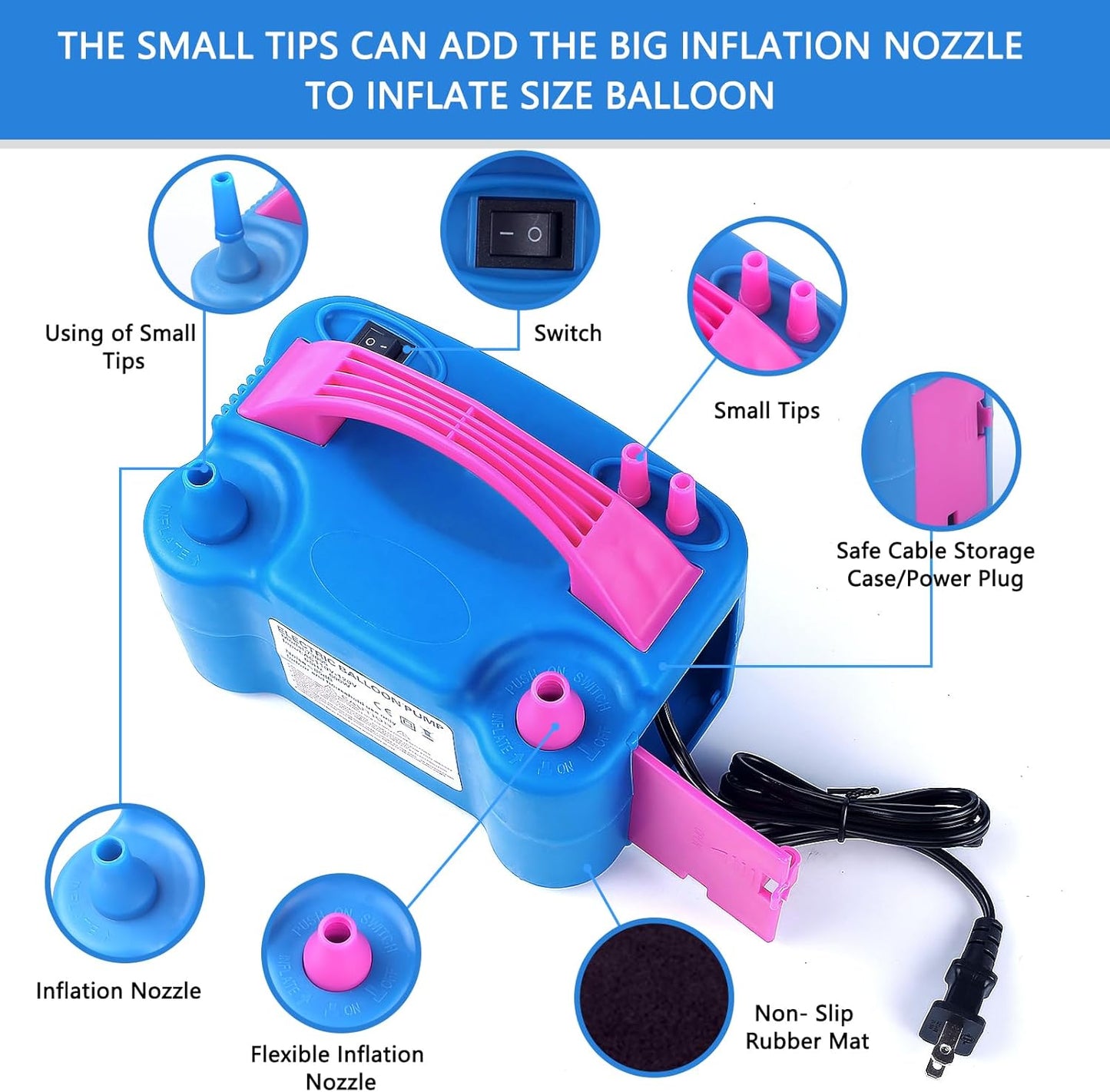 QIPUMP Balloon Pump Electric,110V 600W Balloon Blower Inflator Dual Nozzle Air Pump Balloons Inflator for Decoration, Party, Sport,Gifts:2 Balloon Tying Tools
