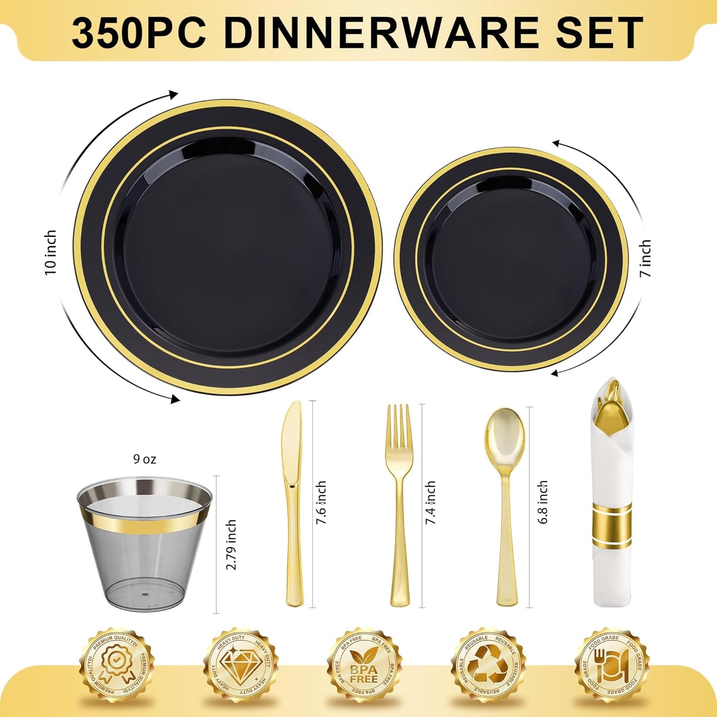BESTVIP 350PCS Gold Plastic Dinnerware Set, Disposable Party Plates for 50 Guests, Include: 100 Plastic Plates, 50 Pre Rolled Napkins with Gold Silverware, 50 Cups