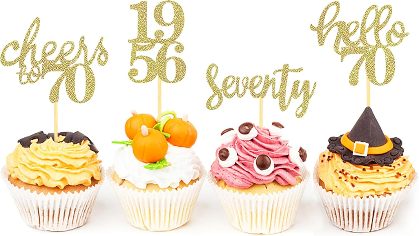 24 Pcs Glitter 70th Birthday Cupcake Toppers for Celebrating 70th Birthday Party Decorations for Seventy Years Old Birthday Party Supplies (Rose Gold2)