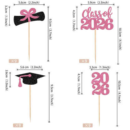 36 PCS 2026 Graduation Theme Cupcake Toppers Glitter Class of 2026 Grad Cap Diploma Cupcake Picks 2026 Graduation Theme Party Cake Decorations Supplies Deep Blue
