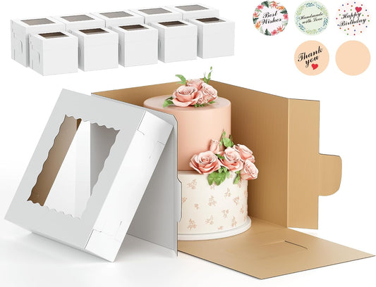 10Pcs Corrugated Cake Boxes in 2 Sizes - 12x12x12 & 10x10x10 Inch Tall Cake Box with Window, Thick Bakery Dessert Boxes, Disposable Cardboard Cake Carrier for Layer Cakes, Birthday, Wedding, Party