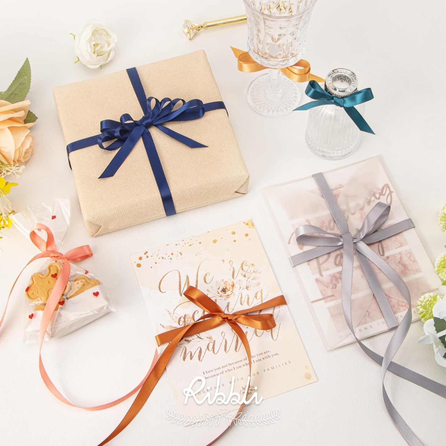 Ribbli Double Faced White Satin Ribbon,3/8” x Continuous 25 Yards,Fabric Ribbon use for Bows Bouquet,Gift Wrapping,Floral Arrangement