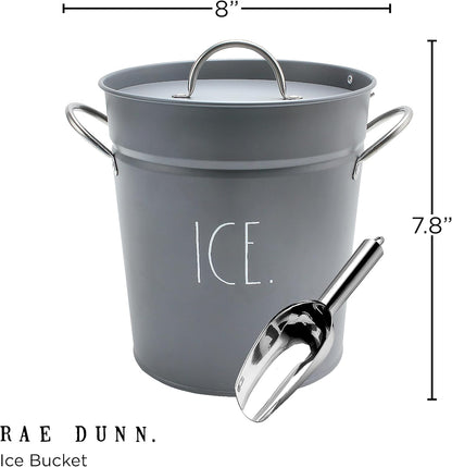 Rae Dunn Ice Bucket with Scoop - Stainless Steel Bucket with Handle, Lid and Ice Scooper - 4 Qt. Storage Bin for Ice Cubes for Bars, Parties, Backyard Barbeques, Picnics, and Camping (Sage)