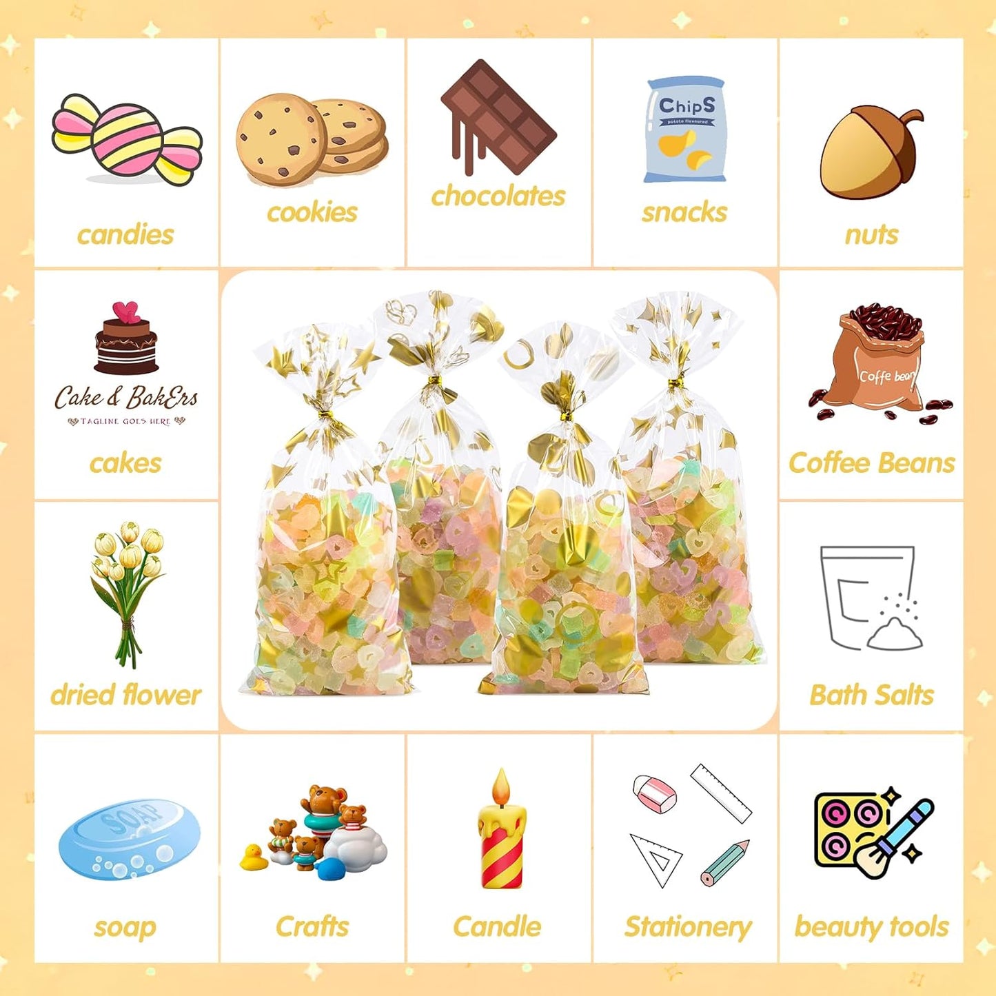 100 Pcs Star Printed 5"X 7" Gift Wrap Cello Cellophane Treat Bags Party Favor bags Clear Candy Cookie Bag Plastic Poly Goodie Storage Bag with Twist Ties for Bakery,Birthday, Wedding ,Party Decorations (Gold)