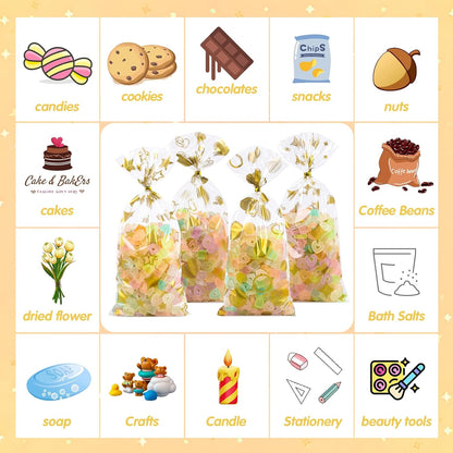100 Pcs Star Printed 5"X 7" Gift Wrap Cello Cellophane Treat Bags Party Favor bags Clear Candy Cookie Bag Plastic Poly Goodie Storage Bag with Twist Ties for Bakery,Birthday, Wedding ,Party Decorations (Gold)