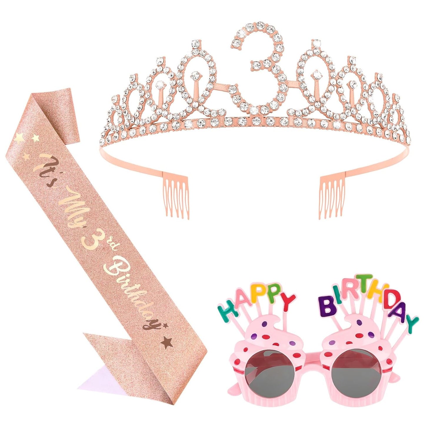 YARIEW 3rd Birthday Decorations, 3rd Glitter Purple Sash and Crown Kit with Happy Birthday Sunglasses, Tiara Princess Crown and Sash Party Outfit Accessory