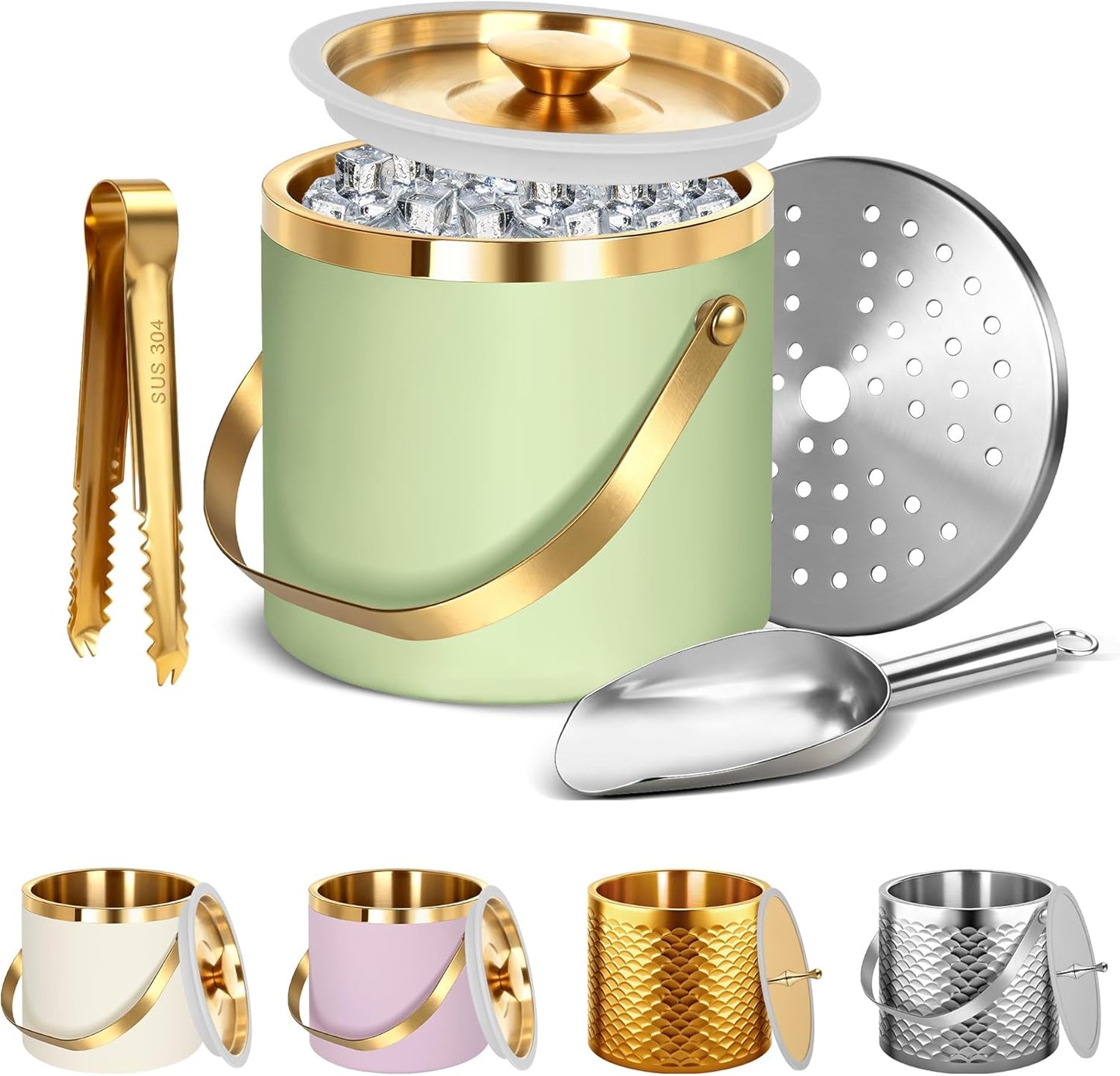 Ice Bucket, Ice Bucket with Silicone Sealing Ring Double-Wall Vacuum Insulation Champagne Buckets with Filter Layer Ice Tongs Ice Scoop (Gold, 3 L)