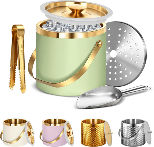 Ice Bucket, Ice Bucket with Silicone Sealing Ring Double-Wall Vacuum Insulation Champagne Buckets with Filter Layer Ice Tongs Ice Scoop (Gold, 3 L)