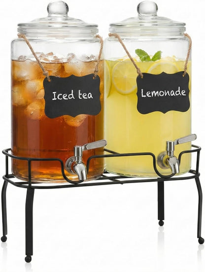 1 Gallon Glass Drink Dispenser Set of 2, Drink Dispensers for Parties, Beverage Dispenser with Stand, Glass Lid, 100% Leakproof Spigot, Ideal for Lemonade, Juice, Iced Tea, Laundry Detergent Dispenser