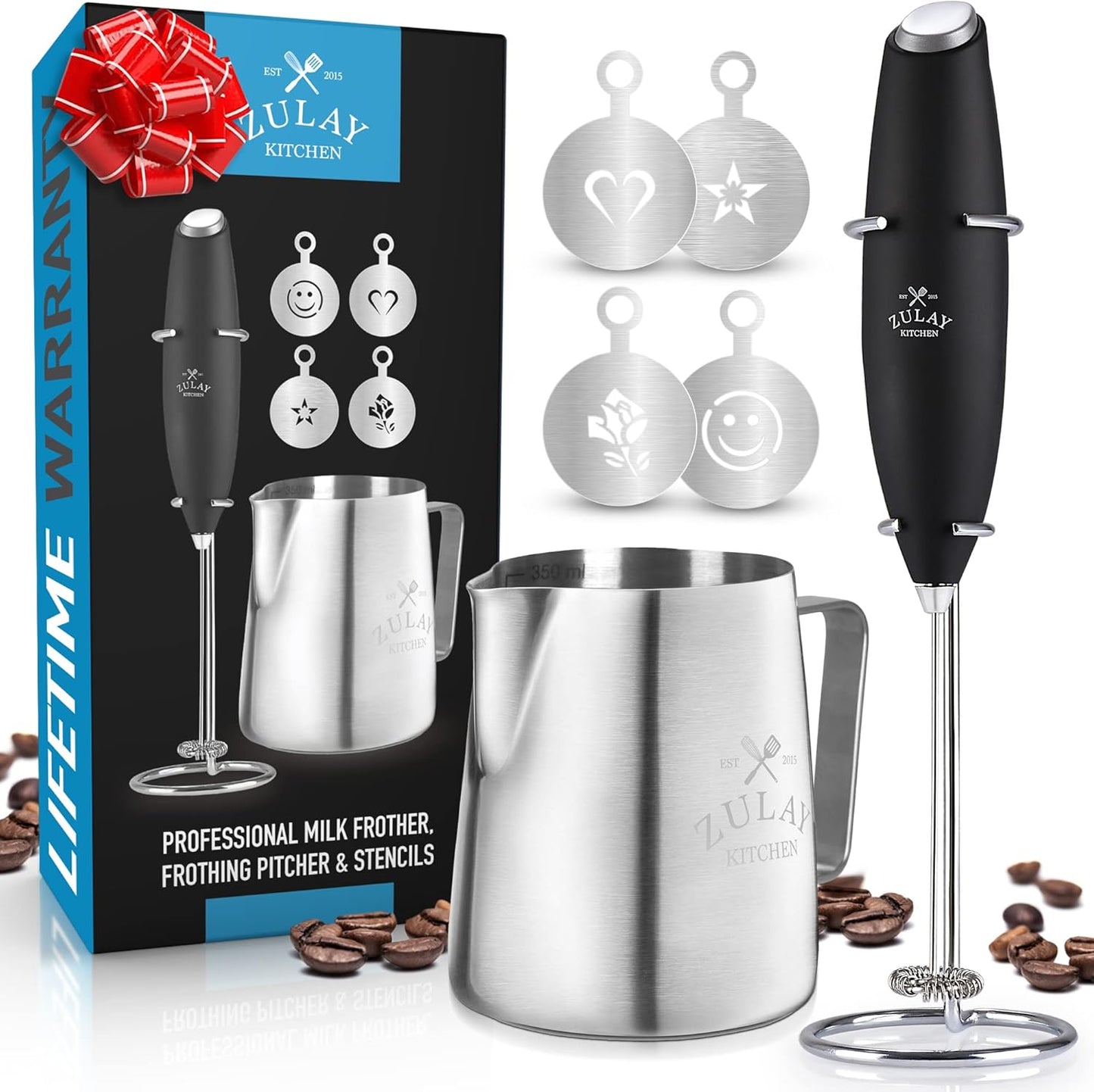 Zulay Kitchen Powerful Milk Frother AA Batteries Included – Ultra Fast Handheld Drink Mixer with Stainless Steel Whisk Stirrer for Coffee, Protein, Matcha & More, Frother Wand Electric Frothmate Black - Colors E