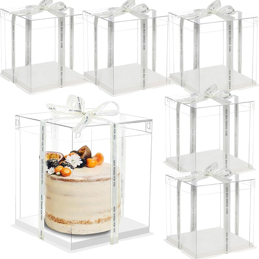 6 Pack Clear Cake Box, Transparent Cake Box for 2 Tiered Cake, 8x8x9Inch Tall Cake Carrier Box with Sturdy Board for Bakery Dessert Bread Pastry Birthday Parties Wedding Graduation