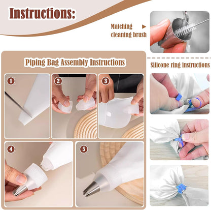9-Piece Reusable Piping Bags and Tips Set- Cotton Baking Kit with Coupler, Stainless Steel Nozzles & Cleaner for Cakes/Cupcakes/Cookies Decorating