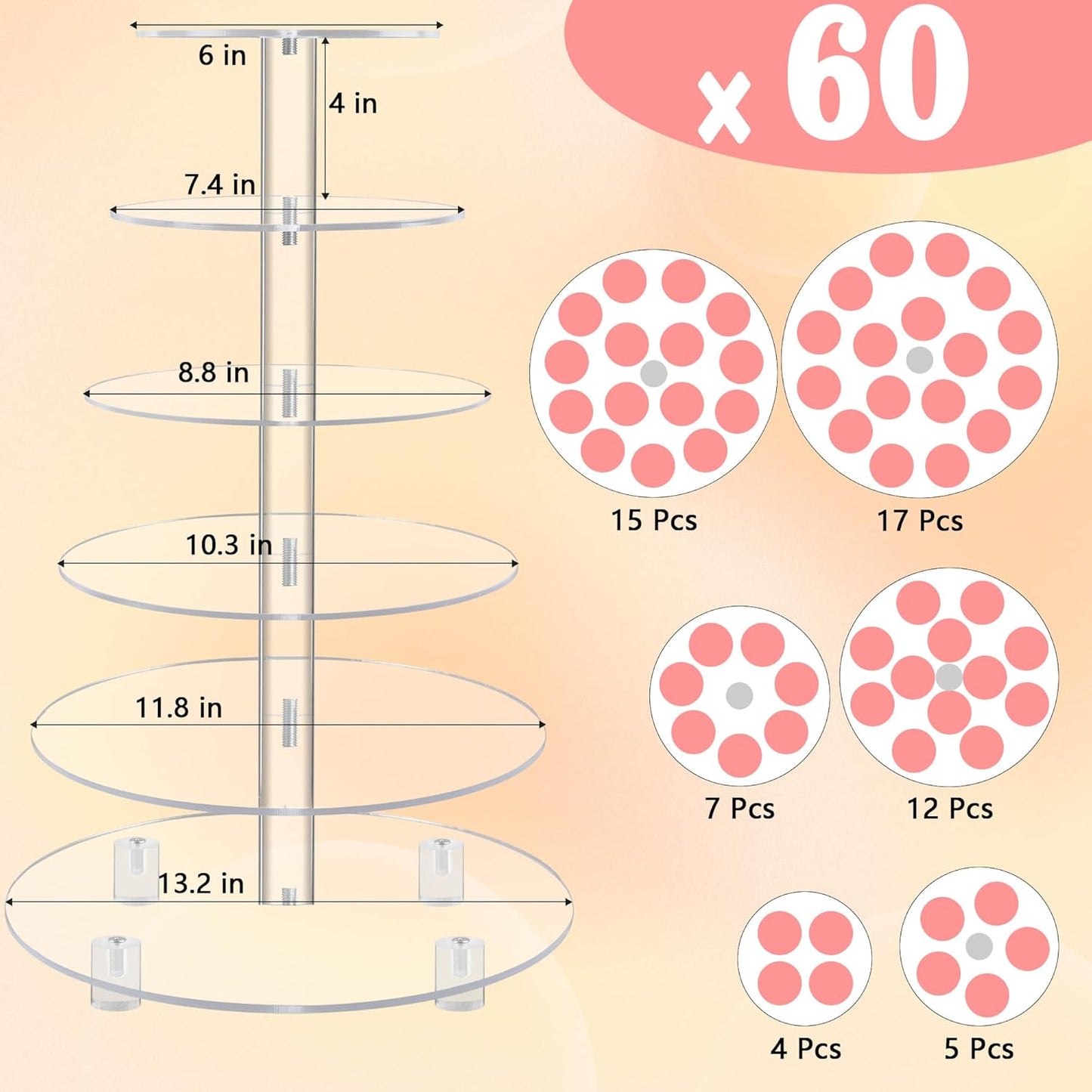 YestBuy Cupcake Stand, 6 Tier Large Cupcake Tower Display, Round Cupcake Holder, Acrylic Dessert Stand, Pastry Display Tree for Party, Wedding, Baby Shower