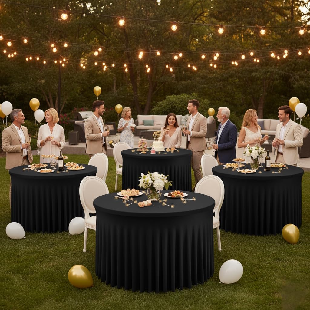 HolidayIdeas 2 Pack Spandex Table Skirt for 6 Ft Rectangle Tables, Black Fitted Stretch Tablecloth 30 x 72 Inch, Wrinkle Resistant Ruffle Design for Wedding Banquets, Trade Shows, Parties