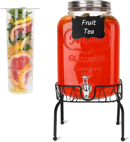 1 Gallon Glass Drink Dispensers, 2 Pack Clear Beverage Dispenser with Stand and Spigot for Parties, Drink Dispenser with Ice Core and Sticker for BBQ, Picnic, Lemonade Dispenser