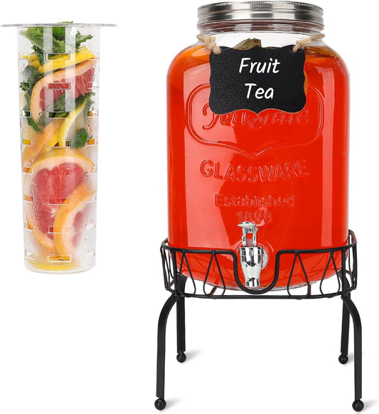 1 Gallon Glass Drink Dispensers, 2 Pack Clear Beverage Dispenser with Stand and Spigot for Parties, Drink Dispenser with Ice Core and Sticker for BBQ, Picnic, Lemonade Dispenser