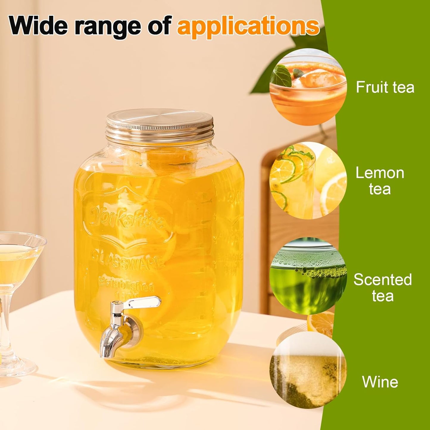 1 Gallon Glass Drink Dispensers for Parties, 2PACK Beverage Dispenser with Stand, Fruit Infuser and Stainless Steel Spigot 100% Leakproof, Beverage Dispenser for Lemonade Sun Tea