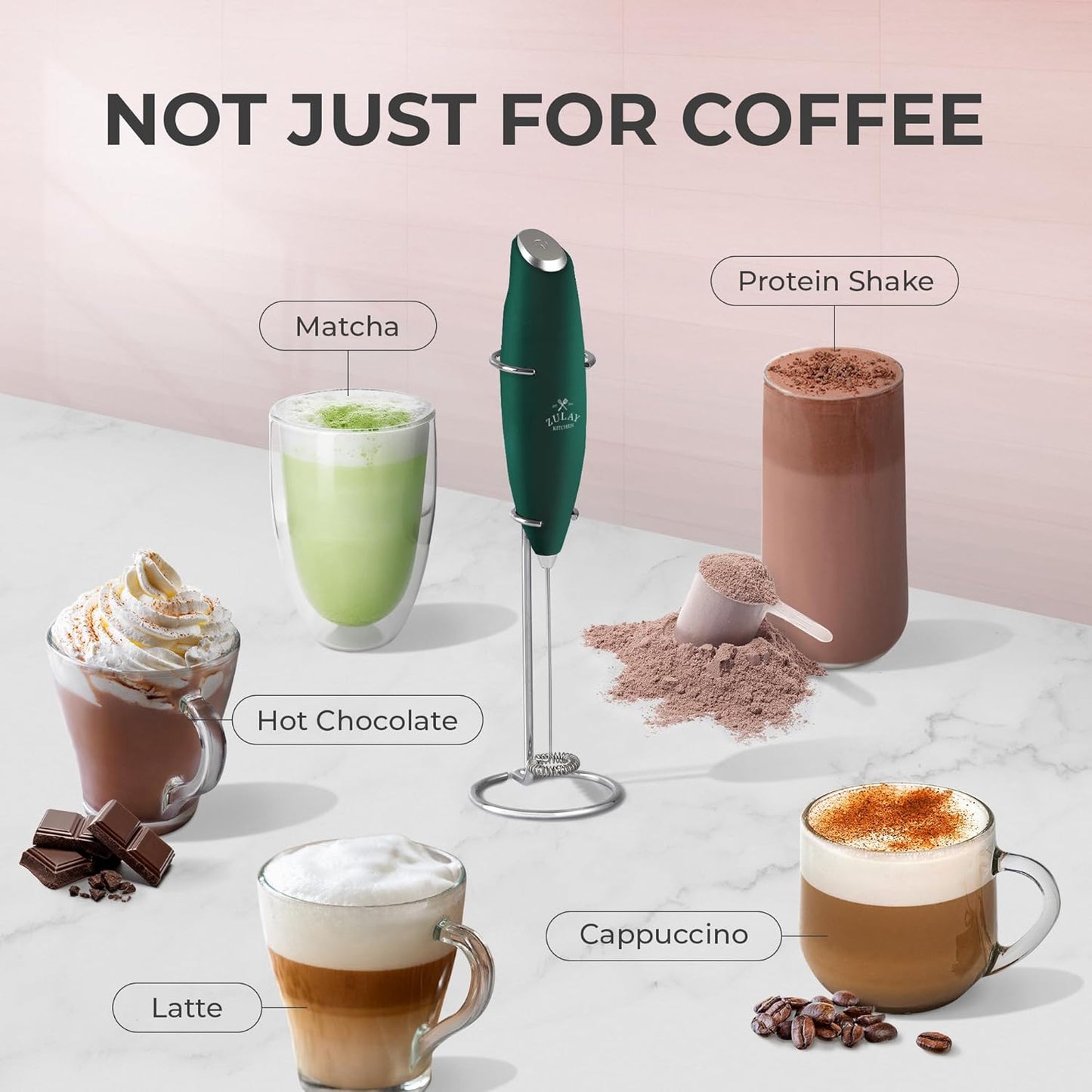 Zulay Kitchen Powerful Milk Frother Wand With Duracell Batteries - Ultra Fast Handheld Drink Mixer - Electric Whisk Foam Maker for Coffee, Lattes, Cappuccino & Matcha - Z1 Motor - Black - Colors A