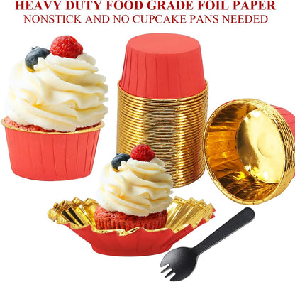 Cupcake Liners with Lids 50 Pack,LNYZQUS 5oz Large Foil Cupcake Cups Muffin Tins,Disposable Baking Cups Muffin Liners Wrappers Holders for Wedding Valentine-Pink in gold