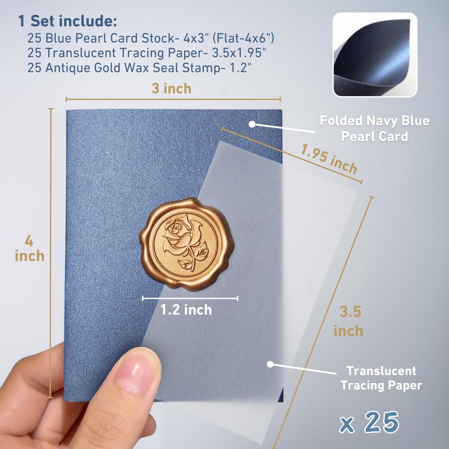 25 Pack Name Cards for Table Setting, Printable Place Cards with Antique Gold Rose Wax Seal Sticker for Wedding, Table Tent Card Stock Decor for Party, Dinner, Home(Pearlized Champagne Gold)