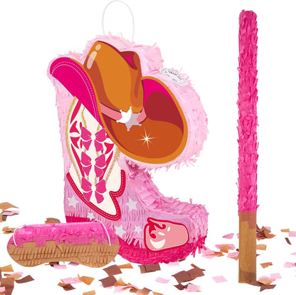Pink Cowgirl Boot Piñata Set with Bat and Blindfold, 15.7 x 11 in Western Cowgirl Birthday Party Decorations, Girls Theme Party Piñata for Candy & Treats