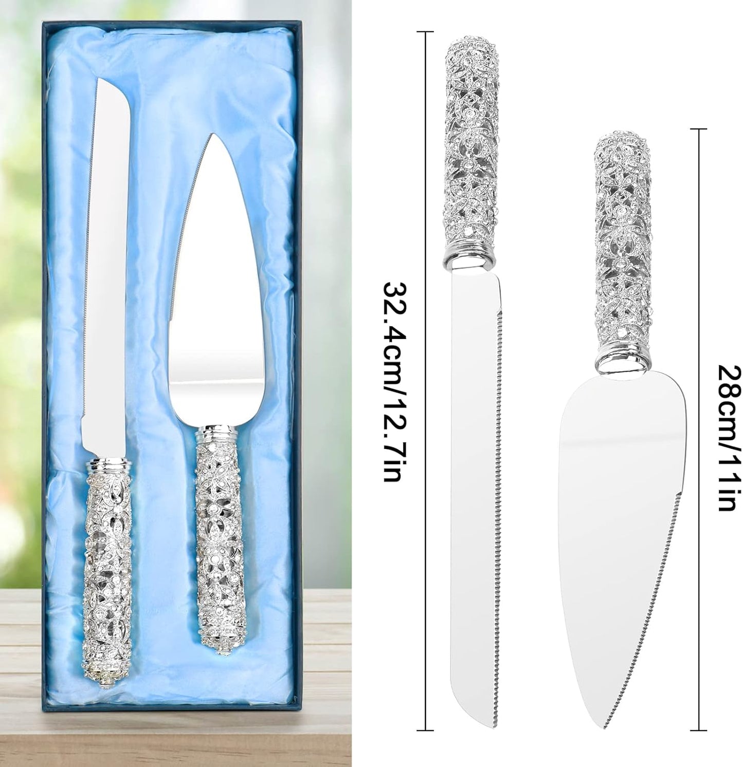 Gold Cake Knife and Server Set - 2 Piece Dessert Set Metal Handle with Crystal Stones Decoration for Wedding, Anniversary Party Birthday Banquets and Gifts for Bride and Groom