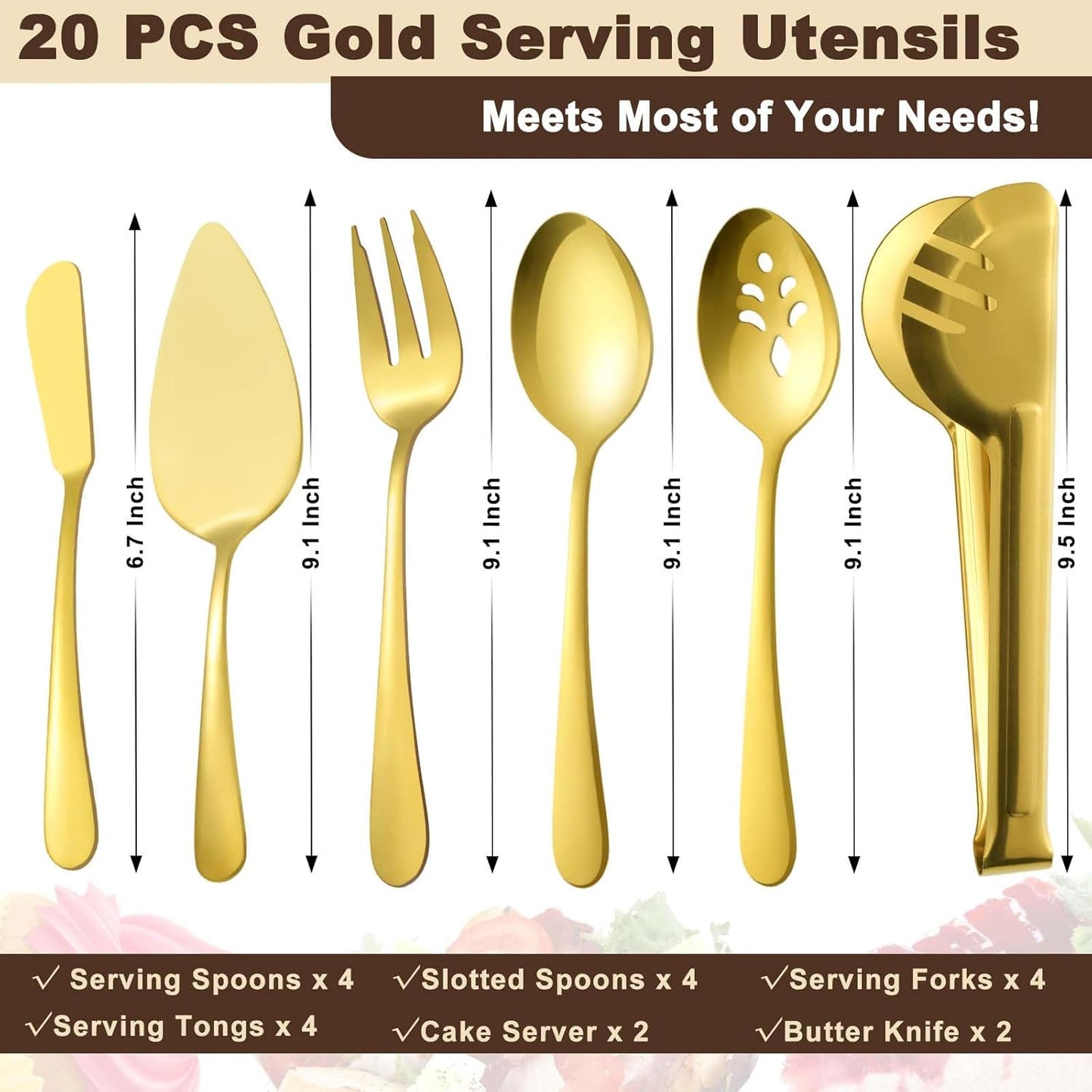 BEWOS Serving Utensils, 20-Piece Large Serving set, Serving Spoons, Slotted Spoons, Serving Tongs & Forks, Cake Server, Butter Knife, Stainless Steel Serving Utensils Set for Parties, Dishwasher Safe