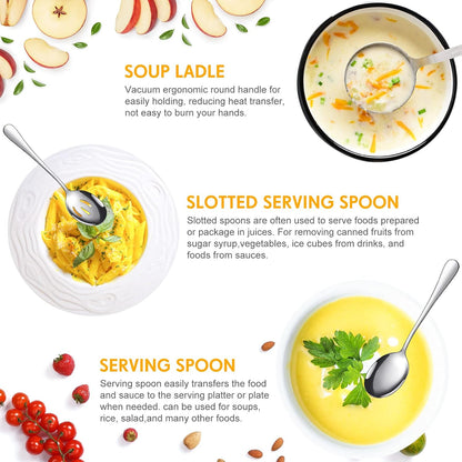 Patelai Serving Utensils Set Include Stainless Steel Large Spoons Slotted Spoons Forks Tongs Soup Ladle and Pie Server for Parties Buffet Catering, Dishwasher Safe(Silver,10 Pieces)