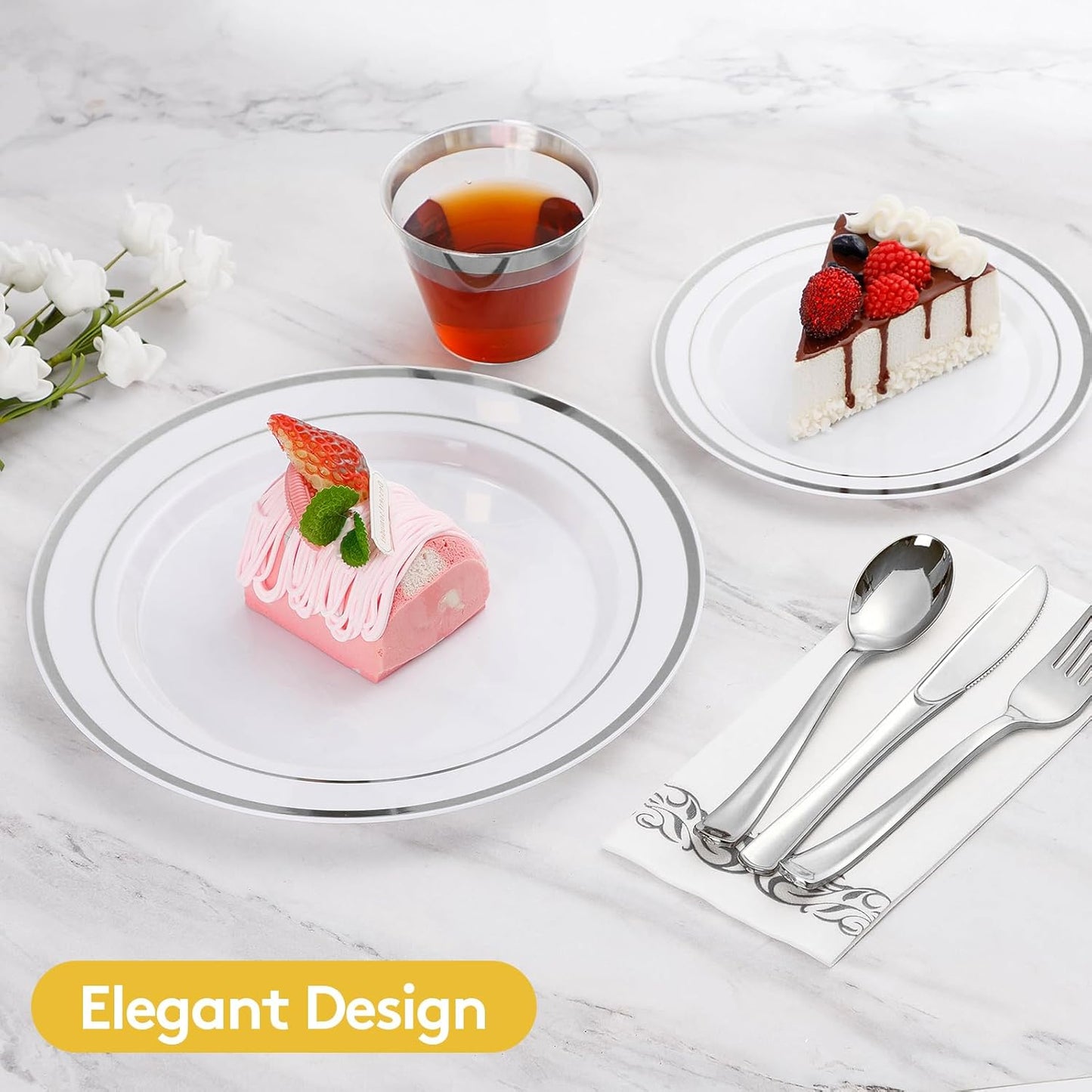 Goodluck 350 Pieces Gold Dinnerware Set for 50 Guests, Plastic Plates Disposable for Party, Include: 50 Gold Rim Dinner Plates, 50 Dessert Plates, 50 Paper Napkins, 50 Cups, 50 Gold Silverware Set