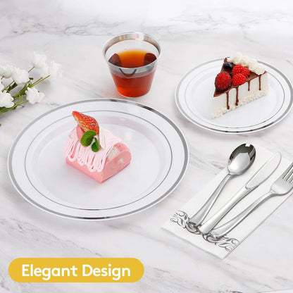 Goodluck 350 Pieces Gold Dinnerware Set for 50 Guests, Plastic Plates Disposable for Party, Include: 50 Gold Rim Dinner Plates, 50 Dessert Plates, 50 Paper Napkins, 50 Cups, 50 Gold Silverware Set