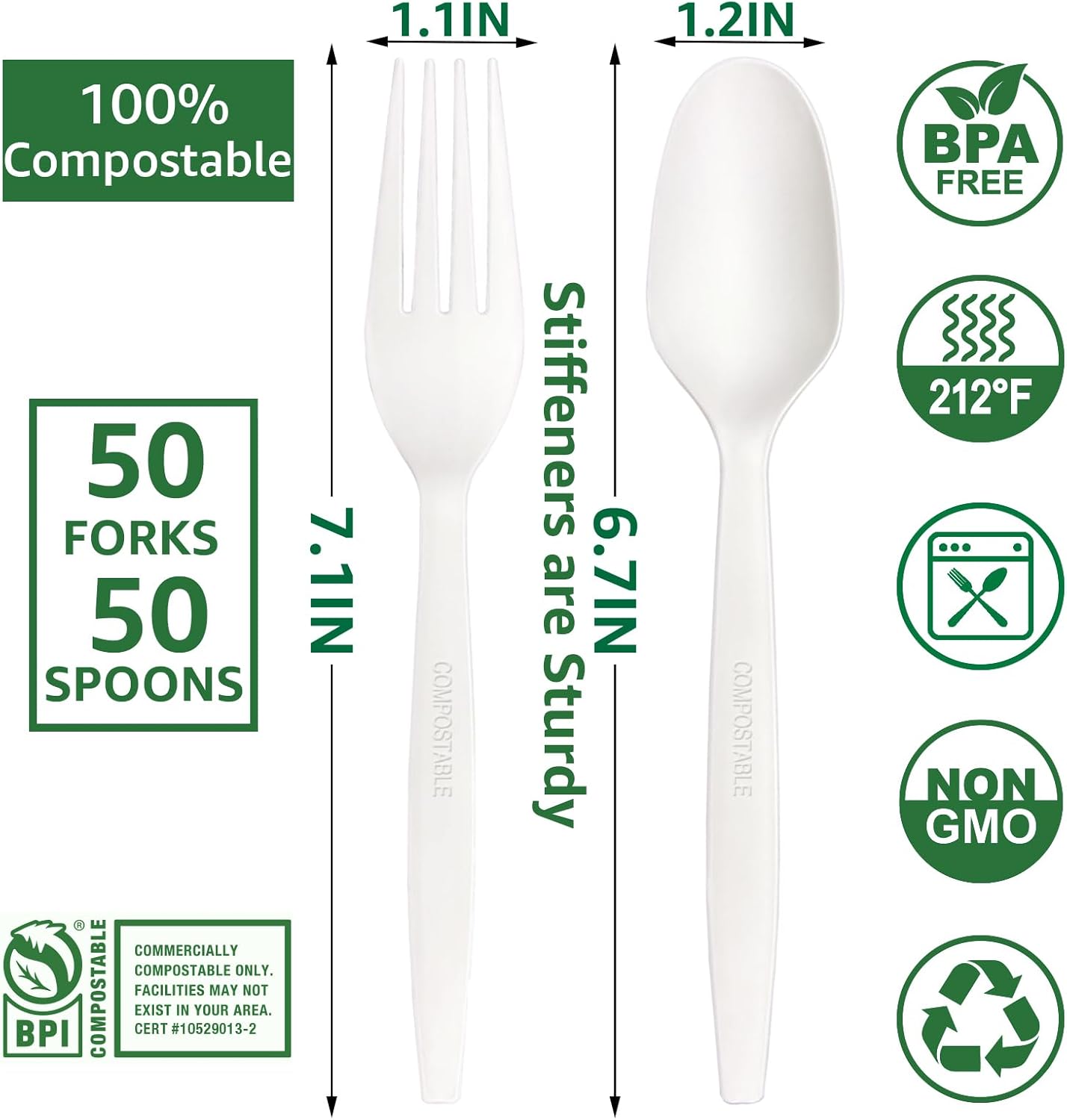 MISISIPI 150-Count Compostable Utensils Set - Heavy Duty BPI Certified, Plastic-Free Disposable Forks, Spoons, Knives for BBQ, Camping, Events, Plant-Based Cutlery