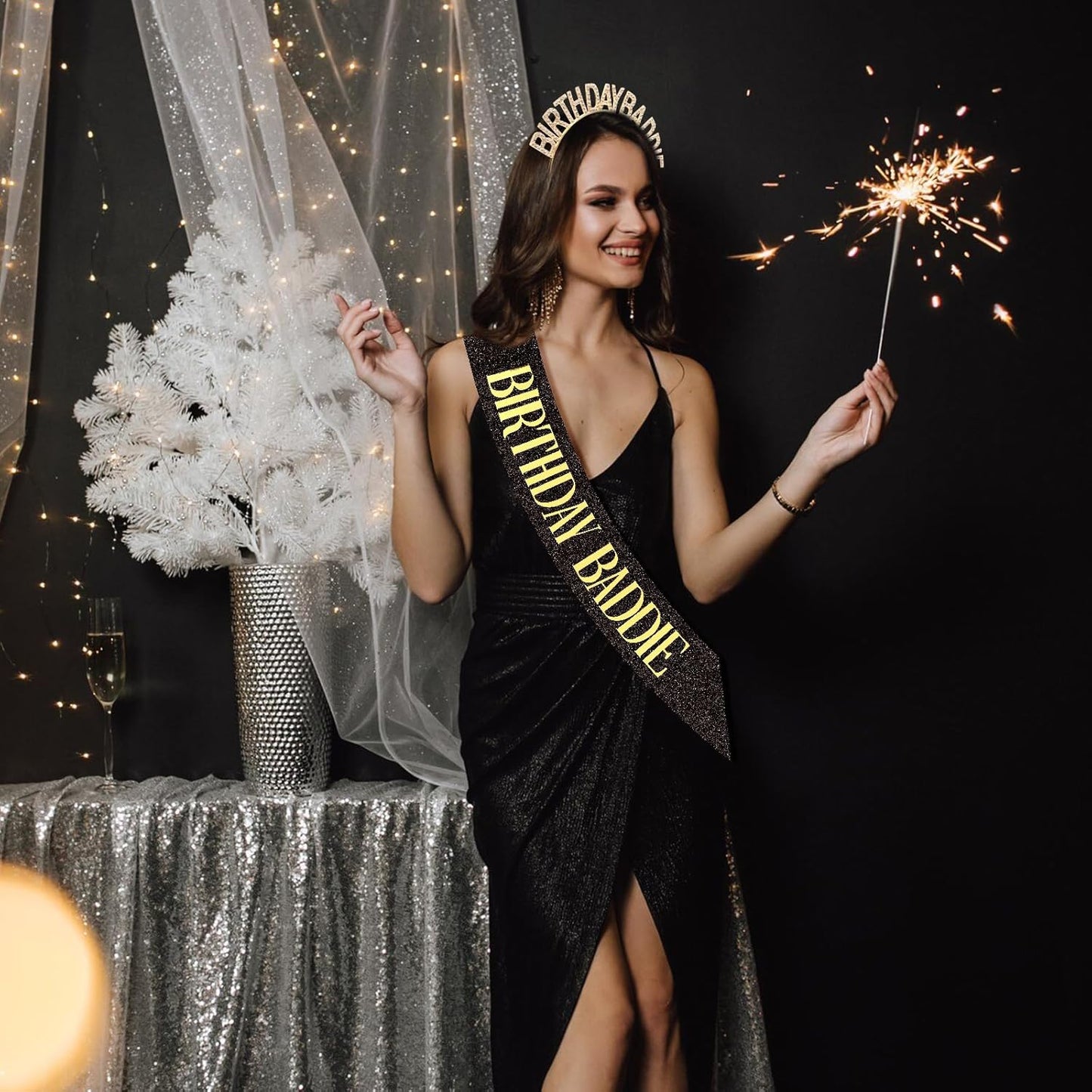 Aprince Birthday Baddie Sash and Tiara Crown for Women Girls Black Gold Happy Birthday Headband Accessiores Party Decorations