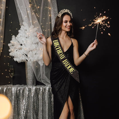 Aprince Birthday Baddie Sash and Tiara Crown for Women Girls Black Gold Happy Birthday Headband Accessiores Party Decorations