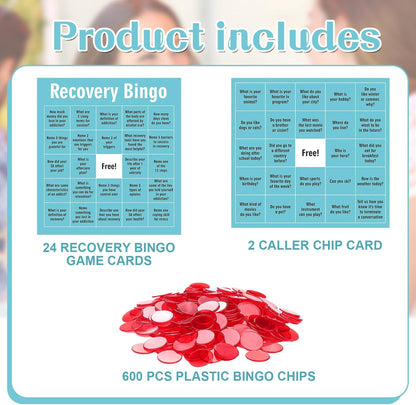 Recovery Bingo Game with 24 Cards and 600 Cross Chips Questions Recovery Bingo for Adults Addiction Group Family Vacation Holiday Party Favors