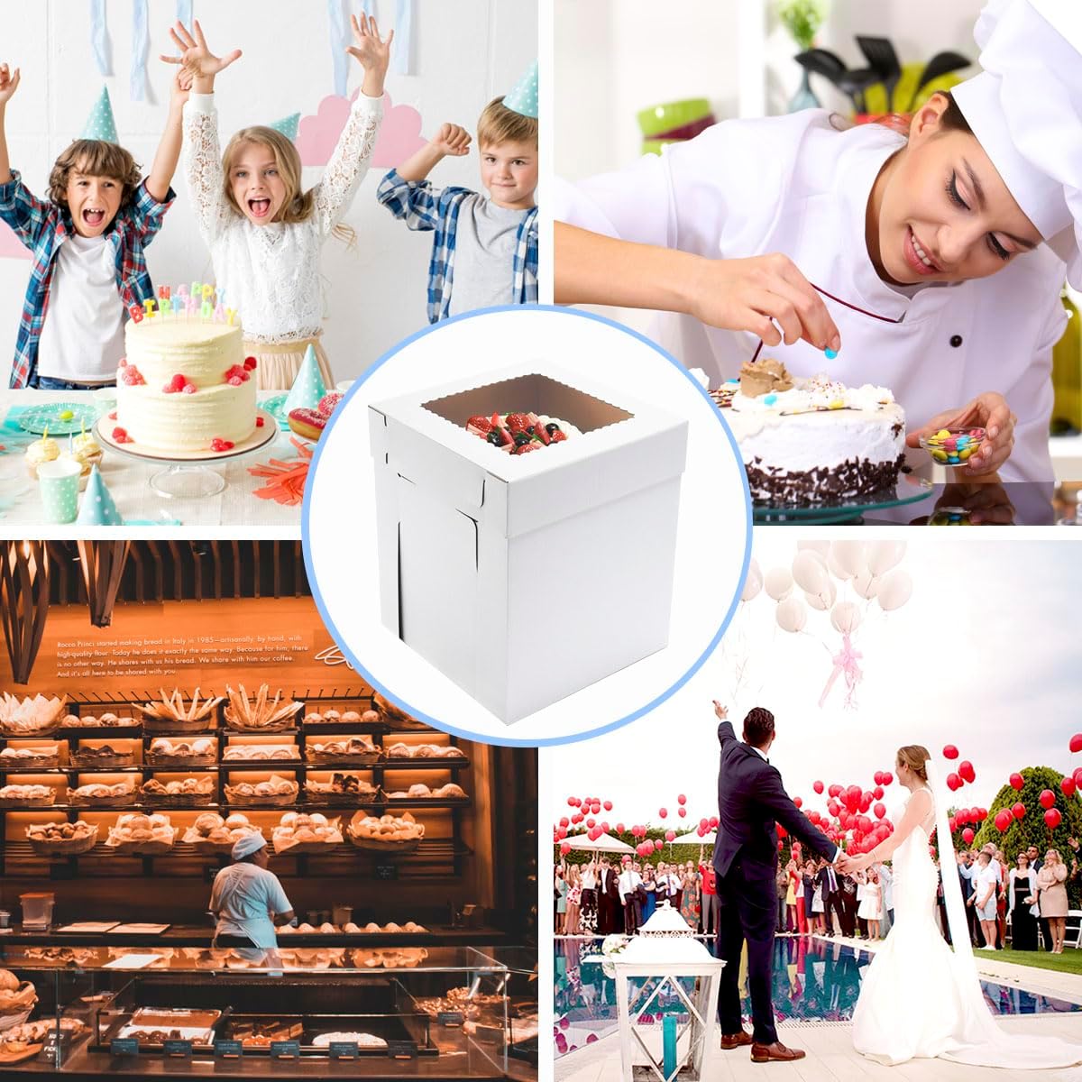 JJO Tall Cake Boxes for Tier Cakes, 6 Pack 10x10x12 Inch,White Cake Boxes with Window,Sturdy Tall Cake Carrier, Disposable Cake Containers
